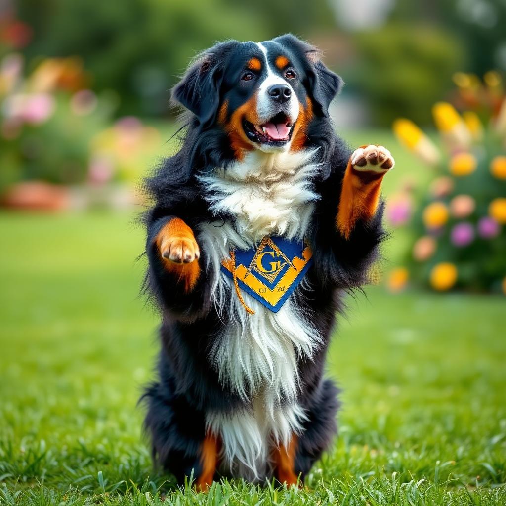 A Bernese Mountain Dog standing on its hind legs with its torso extended, wearing a front apron symbolizing Freemasonry