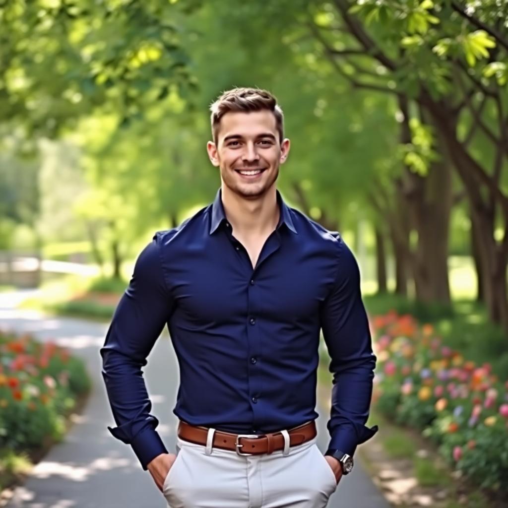 A strong and confident man standing in a lush green park, wearing a stylish casual outfit consisting of a fitted navy blue shirt and light-colored chinos