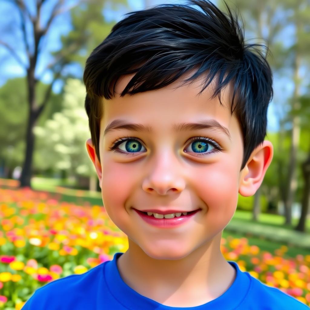 A portrait of a young boy with black hair and striking sea green eyes