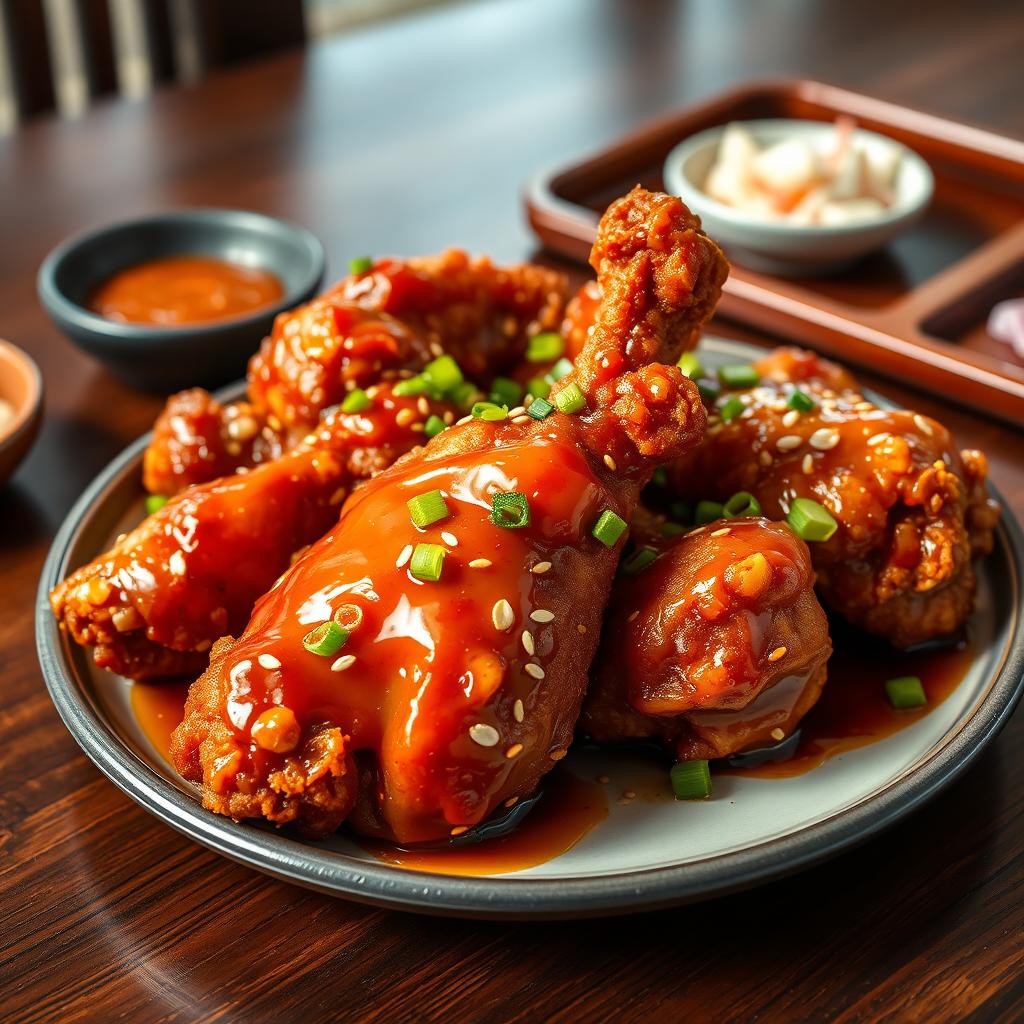 A beautifully plated dish of Dak Gangjeong, showcasing crispy fried chicken coated in a sweet and spicy sauce