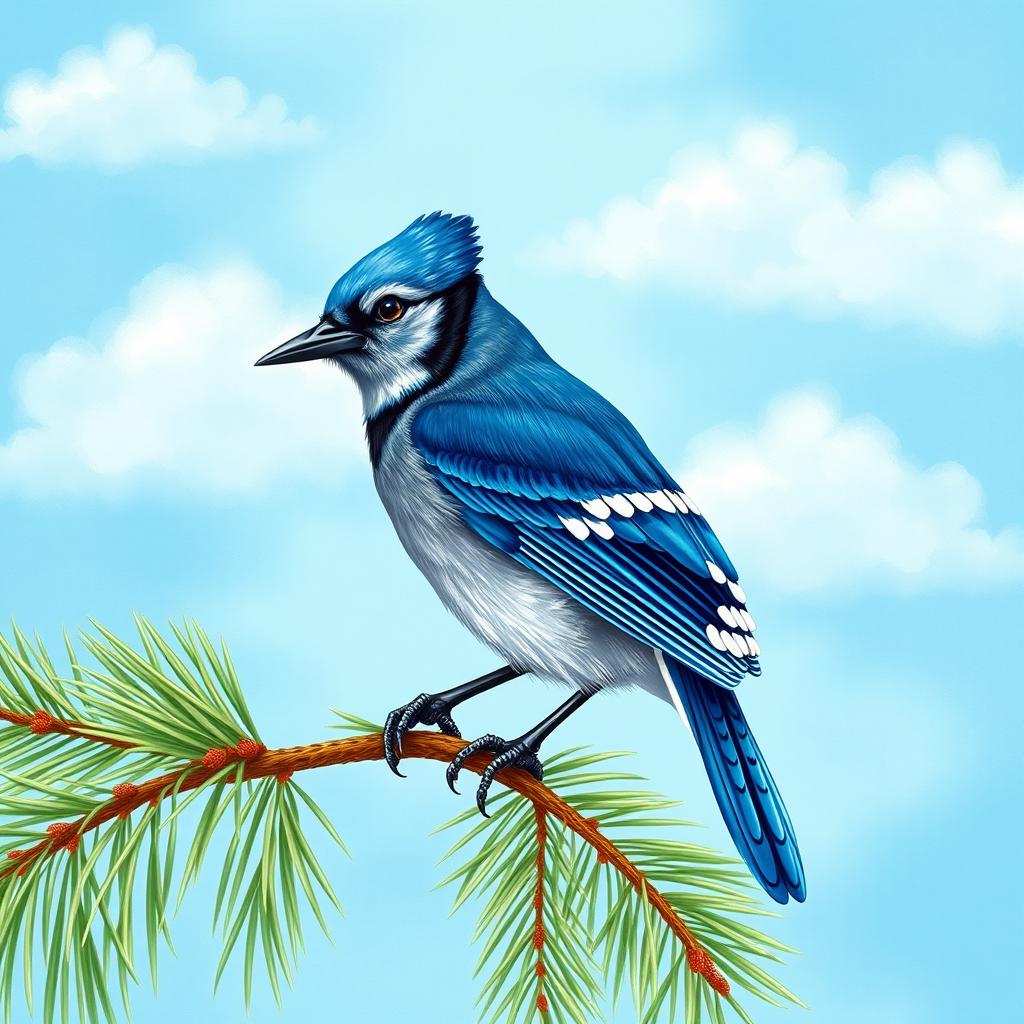 A detailed and vibrant illustration of a Gralha Azul (Blue Jay) perched on a Pinheiro (Pine tree), showcasing the bird's striking blue plumage and the intricate textures of the pine needles