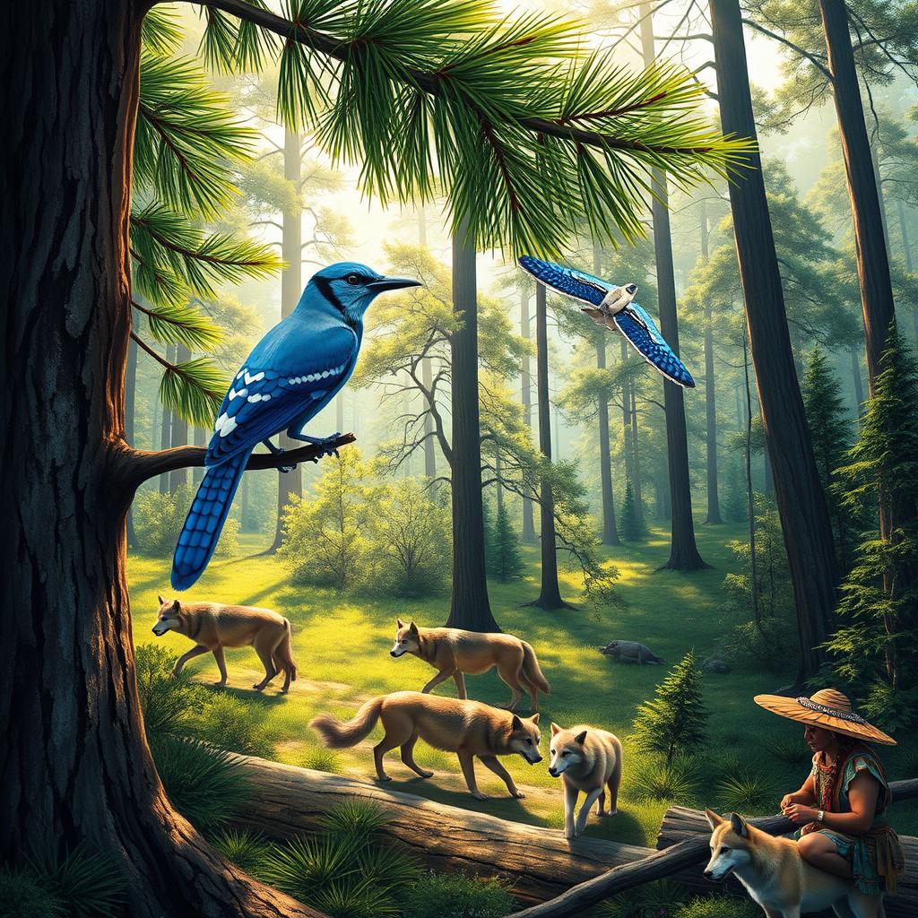 A vibrant and detailed forest scene featuring a Gralha Azul (Blue Jay), perched gracefully on a lush pine tree (pinheiro) with its vivid blue feathers shining in the dappled sunlight