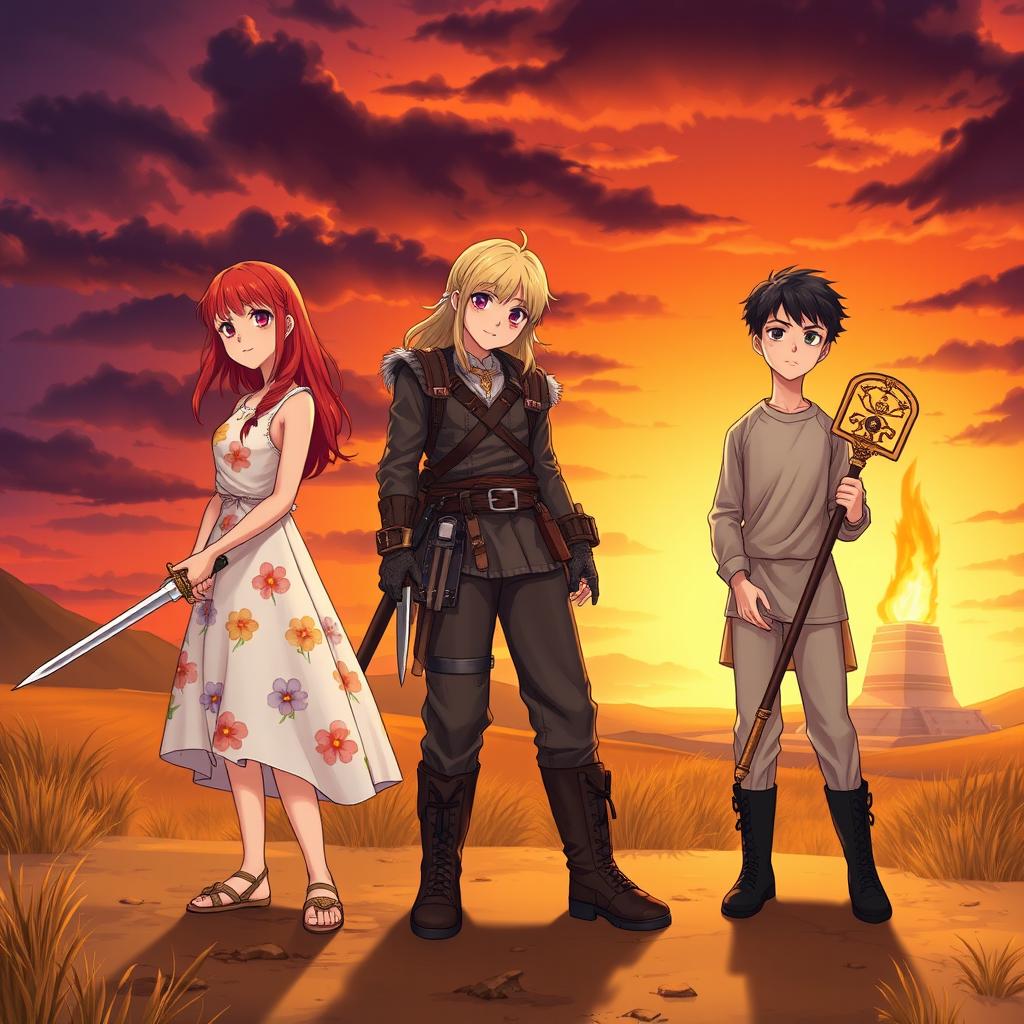 A scene featuring three characters with distinct appearances and attitudes in a warm-toned landscape transitioning from night to dawn