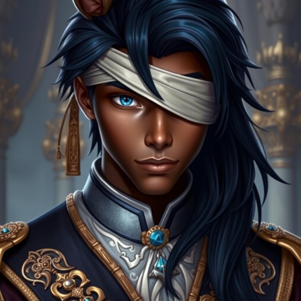 A young man with dark skin, striking blue eyes, and navy hair styled with a long part flowing down from the back like a horse's tail