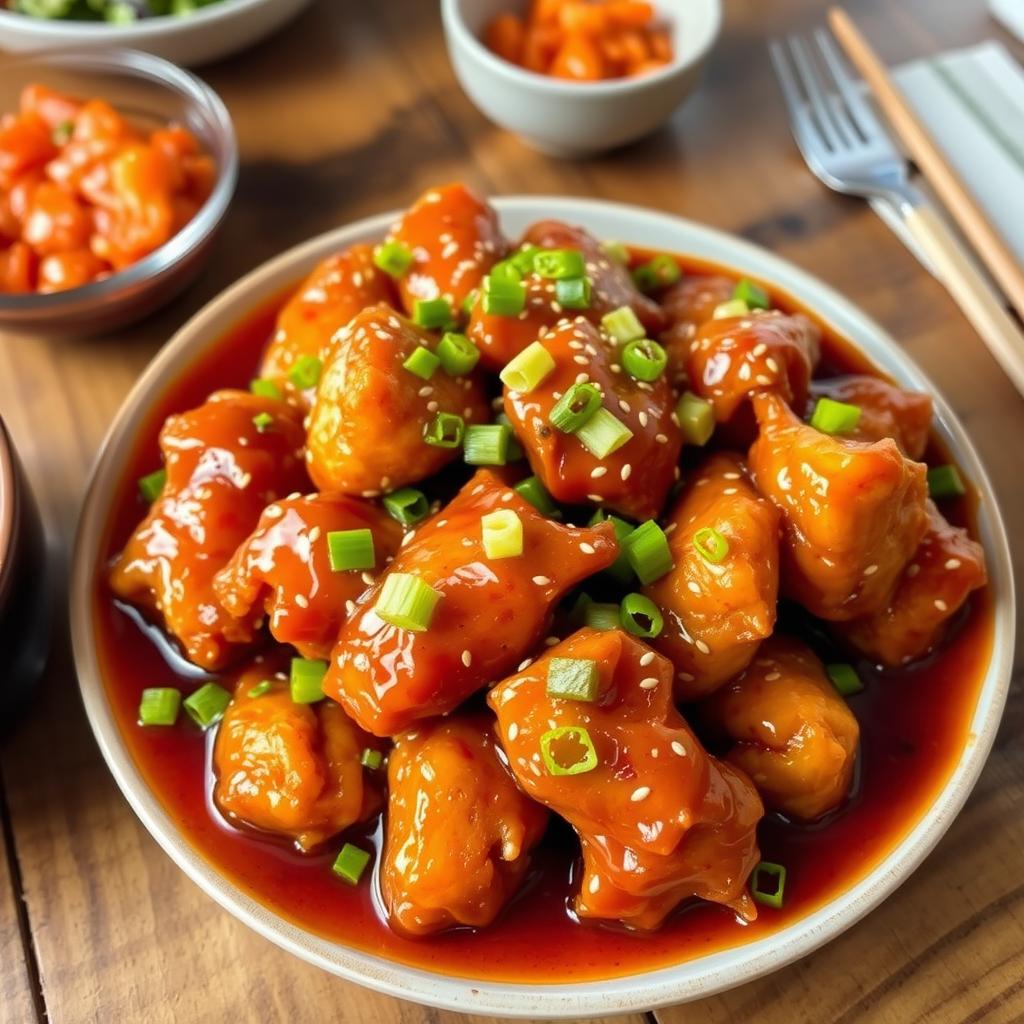 A delicious plate of Dak Gangjeong, featuring succulent pieces of crispy fried chicken glazed in a rich, sweet, and savory sauce