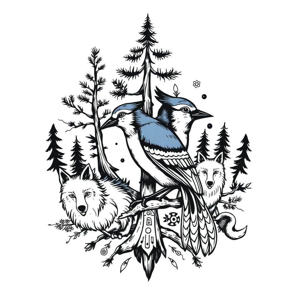 A stylized black and white illustration featuring a Gralha Azul (blue jay), intertwined with a pine tree and wolves in a natural setting