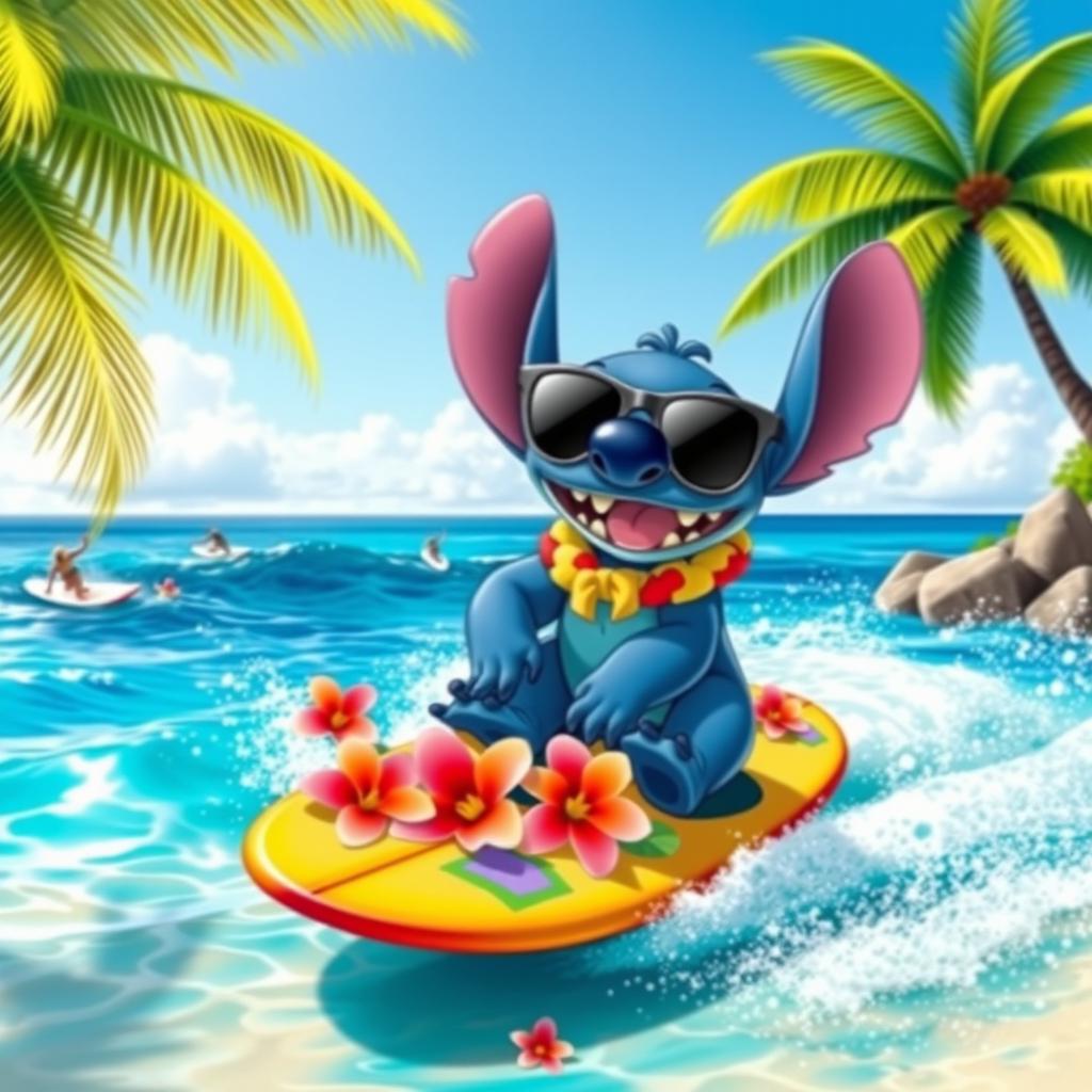 A vibrant and colorful scene of Stitch from Lilo & Stitch riding a surfboard on a sunny day at the beach