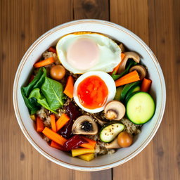 A vibrant and colorful bowl of bibimbap featuring brown rice