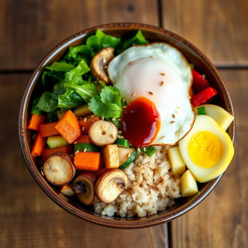 A vibrant and colorful bowl of bibimbap featuring brown rice