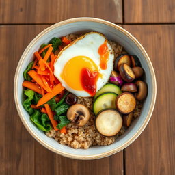 A vibrant and colorful bowl of bibimbap featuring brown rice