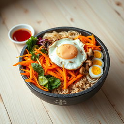 A vibrant and delicious bibimbap served in a traditional stone bowl, featuring a colorful array of fresh vegetables such as julienned carrots, leafy greens, shiitake mushrooms, and bean sprouts, all beautifully arranged over a bed of brown rice