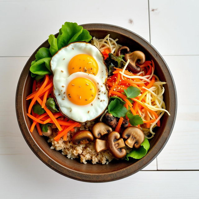 A vibrant and delicious bibimbap served in a traditional stone bowl, featuring a colorful array of fresh vegetables such as julienned carrots, leafy greens, shiitake mushrooms, and bean sprouts, all beautifully arranged over a bed of brown rice