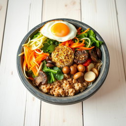 A vibrant and delicious bibimbap served in a traditional stone bowl, featuring a colorful array of fresh vegetables such as julienned carrots, leafy greens, shiitake mushrooms, and bean sprouts, all beautifully arranged over a bed of brown rice