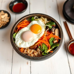 A vibrant and delicious bibimbap served in a traditional stone bowl, featuring a colorful array of fresh vegetables such as julienned carrots, leafy greens, shiitake mushrooms, and bean sprouts, all beautifully arranged over a bed of brown rice