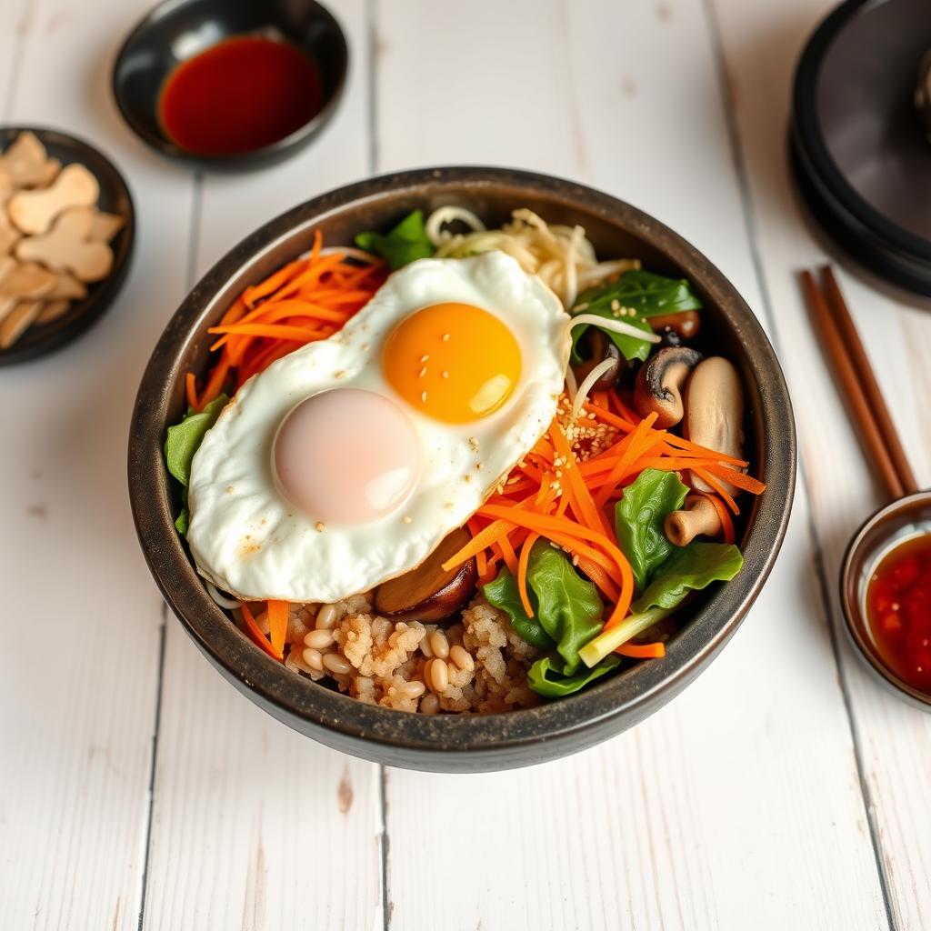 A vibrant and delicious bibimbap served in a traditional stone bowl, featuring a colorful array of fresh vegetables such as julienned carrots, leafy greens, shiitake mushrooms, and bean sprouts, all beautifully arranged over a bed of brown rice