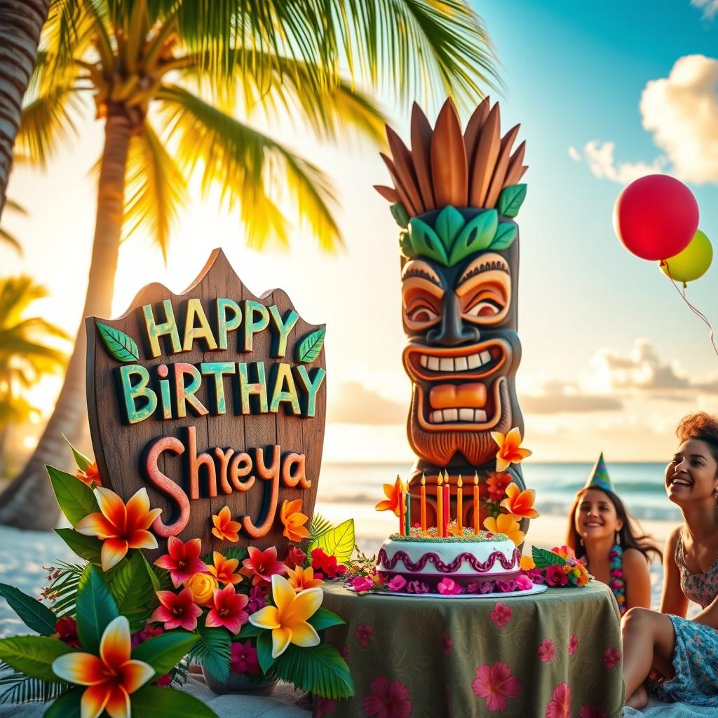 A vibrant and festive birthday celebration scene featuring a colorful tiki sign that reads "Happy Birthday Shreya"