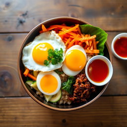 A vibrant bowl of bibimbap featuring a colorful array of vegetables including sliced carrots, zucchini, and spinach, topped with a fried egg with a runny yolk