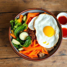 A vibrant bowl of bibimbap featuring a colorful array of vegetables including sliced carrots, zucchini, and spinach, topped with a fried egg with a runny yolk