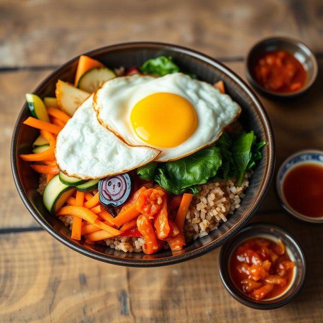 A vibrant bowl of bibimbap featuring a colorful array of vegetables including sliced carrots, zucchini, and spinach, topped with a fried egg with a runny yolk