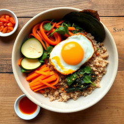 A vibrant bowl of bibimbap featuring a colorful array of vegetables including sliced carrots, zucchini, and spinach, topped with a fried egg with a runny yolk