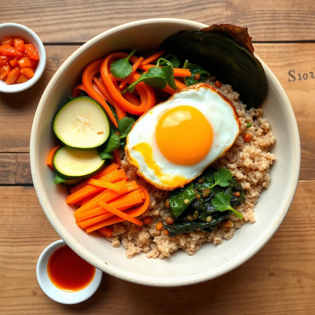 A vibrant bowl of bibimbap featuring a colorful array of vegetables including sliced carrots, zucchini, and spinach, topped with a fried egg with a runny yolk