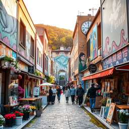 A stunning image of the vibrant and artistic streets of Ihwa Mural Village in Seoul, South Korea, showcasing colorful murals, painted walls, and artistic installations