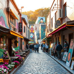 A stunning image of the vibrant and artistic streets of Ihwa Mural Village in Seoul, South Korea, showcasing colorful murals, painted walls, and artistic installations