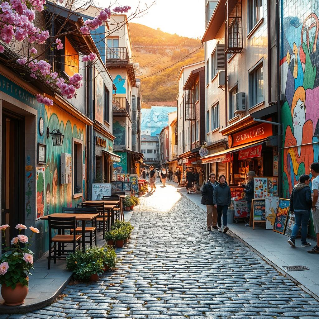 A stunning image of the vibrant and artistic streets of Ihwa Mural Village in Seoul, South Korea, showcasing colorful murals, painted walls, and artistic installations