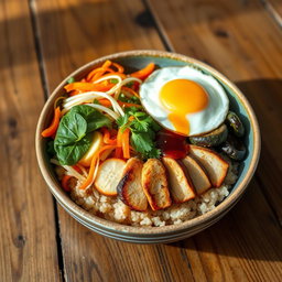 A visually appealing ceramic bowl of bibimbap featuring a vibrant mix of ingredients