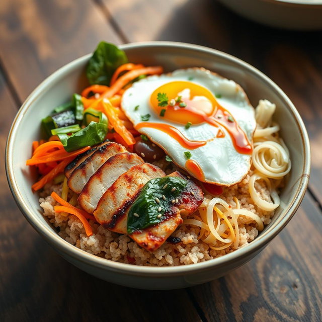 A visually appealing ceramic bowl of bibimbap featuring a vibrant mix of ingredients