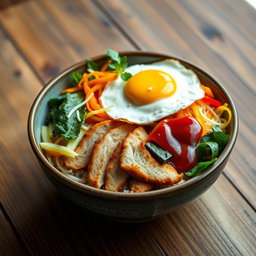 A visually appealing ceramic bowl of bibimbap featuring a vibrant mix of ingredients
