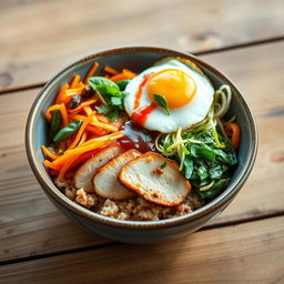 A visually appealing ceramic bowl of bibimbap featuring a vibrant mix of ingredients