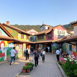 A vibrant street scene in Ihwa Mural Village, South Korea, showcasing colorful murals on the walls of traditional houses