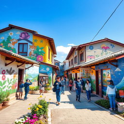 A vibrant street scene in Ihwa Mural Village, South Korea, showcasing colorful murals on the walls of traditional houses