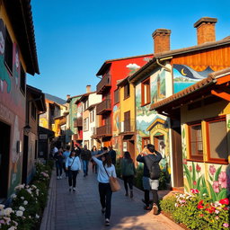 A vibrant street scene in Ihwa Mural Village, South Korea, showcasing colorful murals on the walls of traditional houses