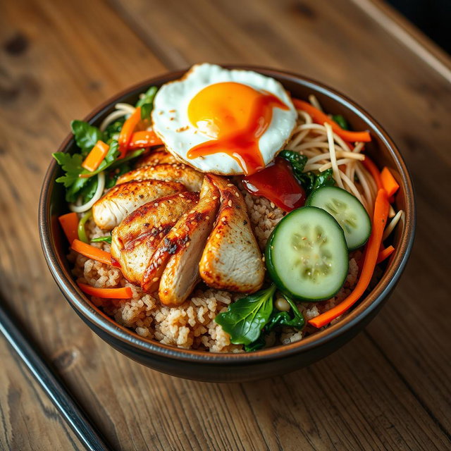 A colorful and appetizing plate of bibimbap featuring brown rice, topped with succulent slices of grilled chicken, vibrant vegetables including carrots, spinach, bean sprouts, and sliced cucumbers, with a fried egg on top, garnished with sesame seeds and a drizzle of spicy gochujang sauce for an authentic touch, served in a traditional Korean bowl on a rustic wooden table, with chopsticks beside the bowl, and a light, warm ambiance in the background