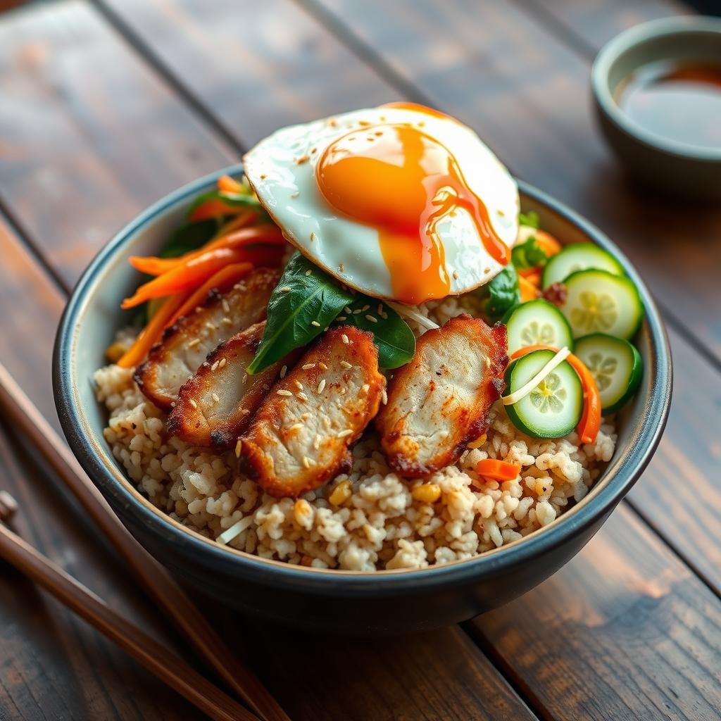 A colorful and appetizing plate of bibimbap featuring brown rice, topped with succulent slices of grilled chicken, vibrant vegetables including carrots, spinach, bean sprouts, and sliced cucumbers, with a fried egg on top, garnished with sesame seeds and a drizzle of spicy gochujang sauce for an authentic touch, served in a traditional Korean bowl on a rustic wooden table, with chopsticks beside the bowl, and a light, warm ambiance in the background