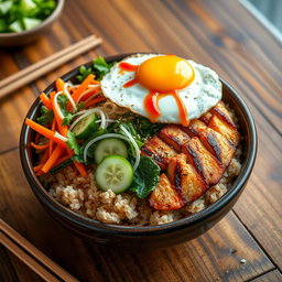 A colorful and appetizing plate of bibimbap featuring brown rice, topped with succulent slices of grilled chicken, vibrant vegetables including carrots, spinach, bean sprouts, and sliced cucumbers, with a fried egg on top, garnished with sesame seeds and a drizzle of spicy gochujang sauce for an authentic touch, served in a traditional Korean bowl on a rustic wooden table, with chopsticks beside the bowl, and a light, warm ambiance in the background