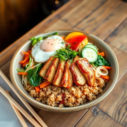 A colorful and appetizing plate of bibimbap featuring brown rice, topped with succulent slices of grilled chicken, vibrant vegetables including carrots, spinach, bean sprouts, and sliced cucumbers, with a fried egg on top, garnished with sesame seeds and a drizzle of spicy gochujang sauce for an authentic touch, served in a traditional Korean bowl on a rustic wooden table, with chopsticks beside the bowl, and a light, warm ambiance in the background
