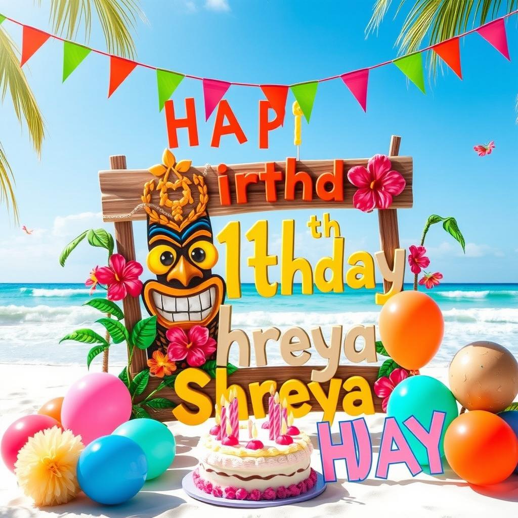 A cheerful birthday scene featuring a vibrant, custom tiki sign that reads 'Happy 11th Birthday Shreya' surrounded by tropical Hawaiian decorations