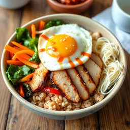 A traditional bibimbap bowl featuring colorful vegetables like carrots, spinach, and bean sprouts, topped with sliced grilled chicken and served over brown rice