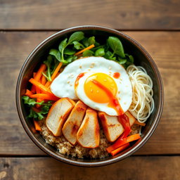 A traditional bibimbap bowl featuring colorful vegetables like carrots, spinach, and bean sprouts, topped with sliced grilled chicken and served over brown rice