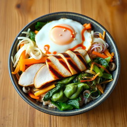 A traditional bibimbap bowl featuring colorful vegetables like carrots, spinach, and bean sprouts, topped with sliced grilled chicken and served over brown rice