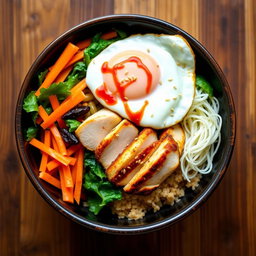 A traditional bibimbap bowl featuring colorful vegetables like carrots, spinach, and bean sprouts, topped with sliced grilled chicken and served over brown rice