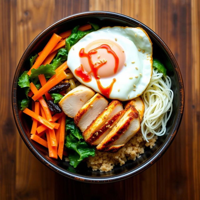A traditional bibimbap bowl featuring colorful vegetables like carrots, spinach, and bean sprouts, topped with sliced grilled chicken and served over brown rice