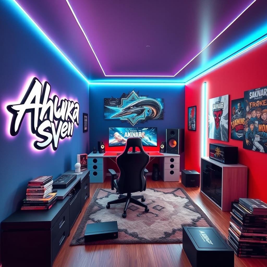 A cool gaming room featuring a sleek, modern gaming setup with high-end gaming gear