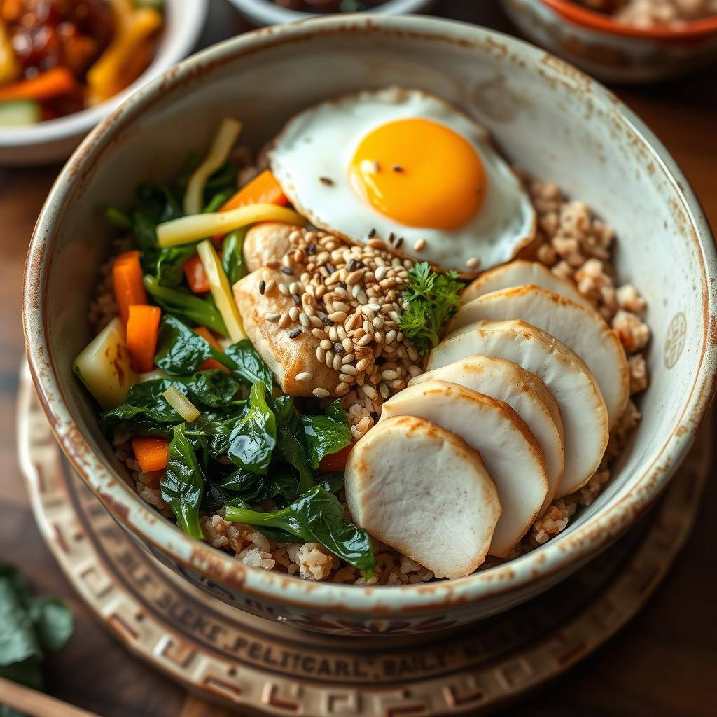 A traditional Bibimbap dish featuring beautifully arranged sliced chicken and brown rice, garnished with sesame seeds