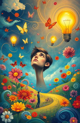 A visually captivating representation of an extraordinary mindset, illustrated as a vibrant landscape filled with diverse and colorful ideas, creativity blooming like flowers, imaginative thoughts floating in the air like butterflies, and a central figure of a thoughtful person gazing upwards, surrounded by glowing light bulbs symbolizing innovative ideas