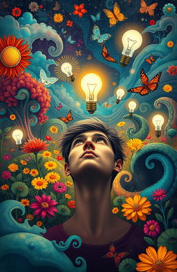 A visually captivating representation of an extraordinary mindset, illustrated as a vibrant landscape filled with diverse and colorful ideas, creativity blooming like flowers, imaginative thoughts floating in the air like butterflies, and a central figure of a thoughtful person gazing upwards, surrounded by glowing light bulbs symbolizing innovative ideas