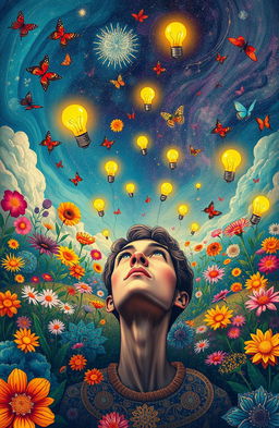A visually captivating representation of an extraordinary mindset, illustrated as a vibrant landscape filled with diverse and colorful ideas, creativity blooming like flowers, imaginative thoughts floating in the air like butterflies, and a central figure of a thoughtful person gazing upwards, surrounded by glowing light bulbs symbolizing innovative ideas